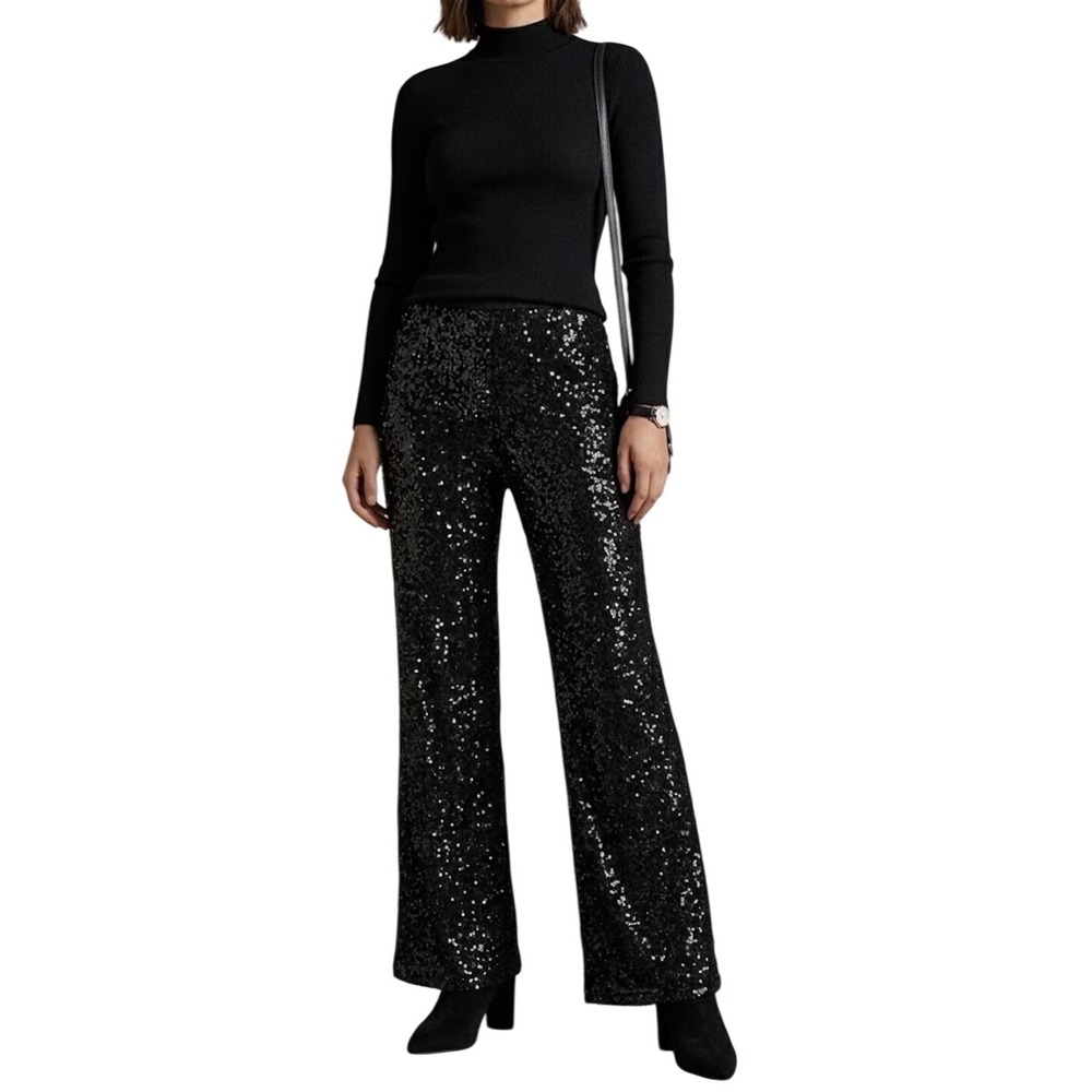 Sage The Label Black Sequin Wide Leg Pants Elastic Waist Glam Holiday Small NEW